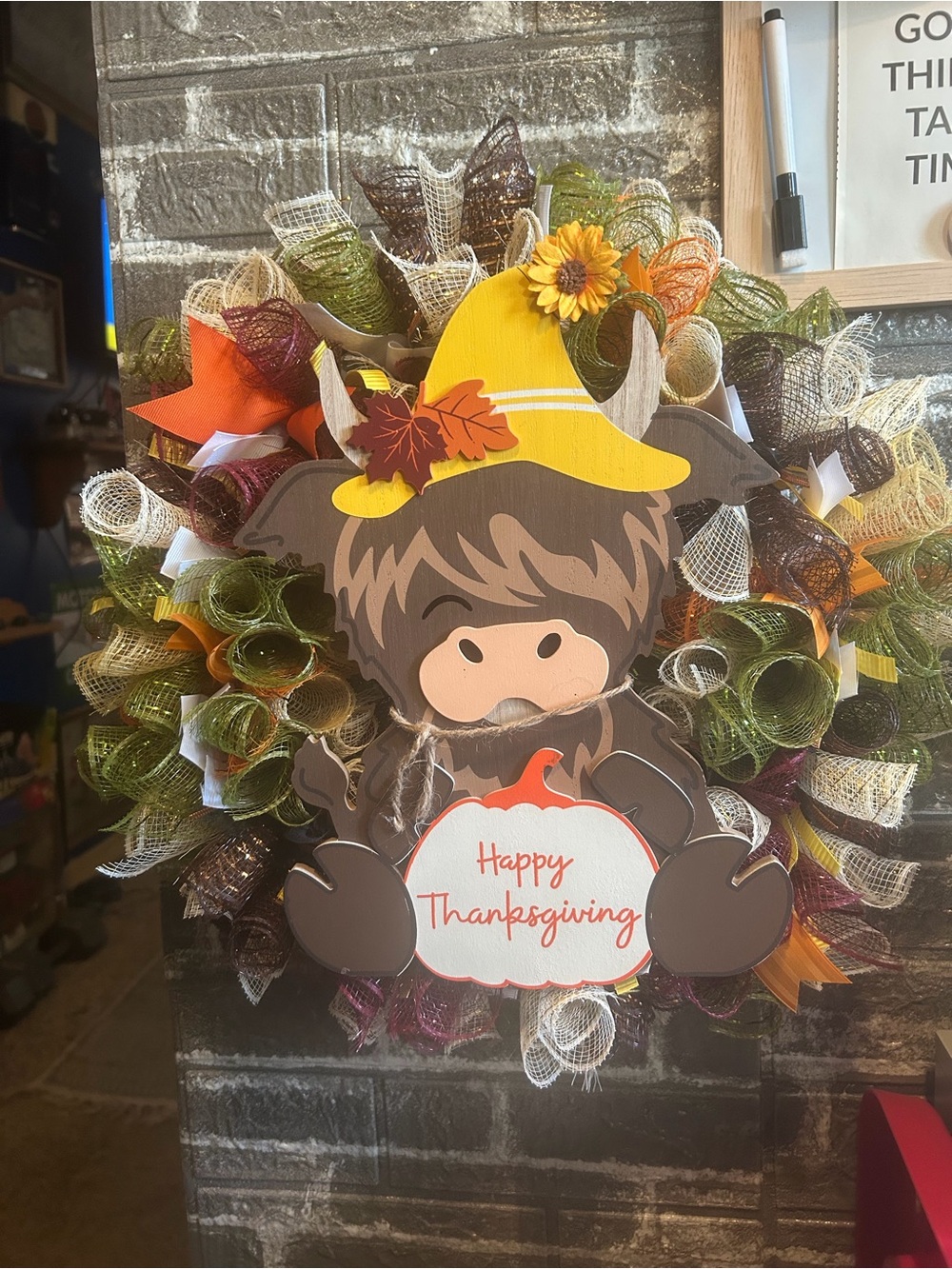 Hand Crafted Fall Wreath with Yellow Hat and Autumn Accents